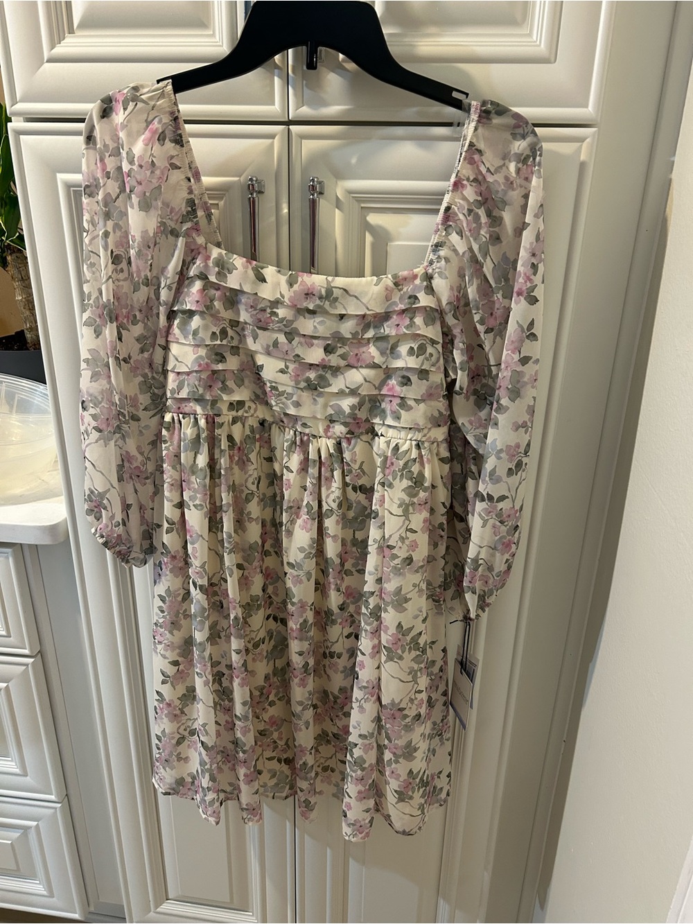 Wallflower Floral Square-Neck Chiffon Dress in Cream, Pink & Green